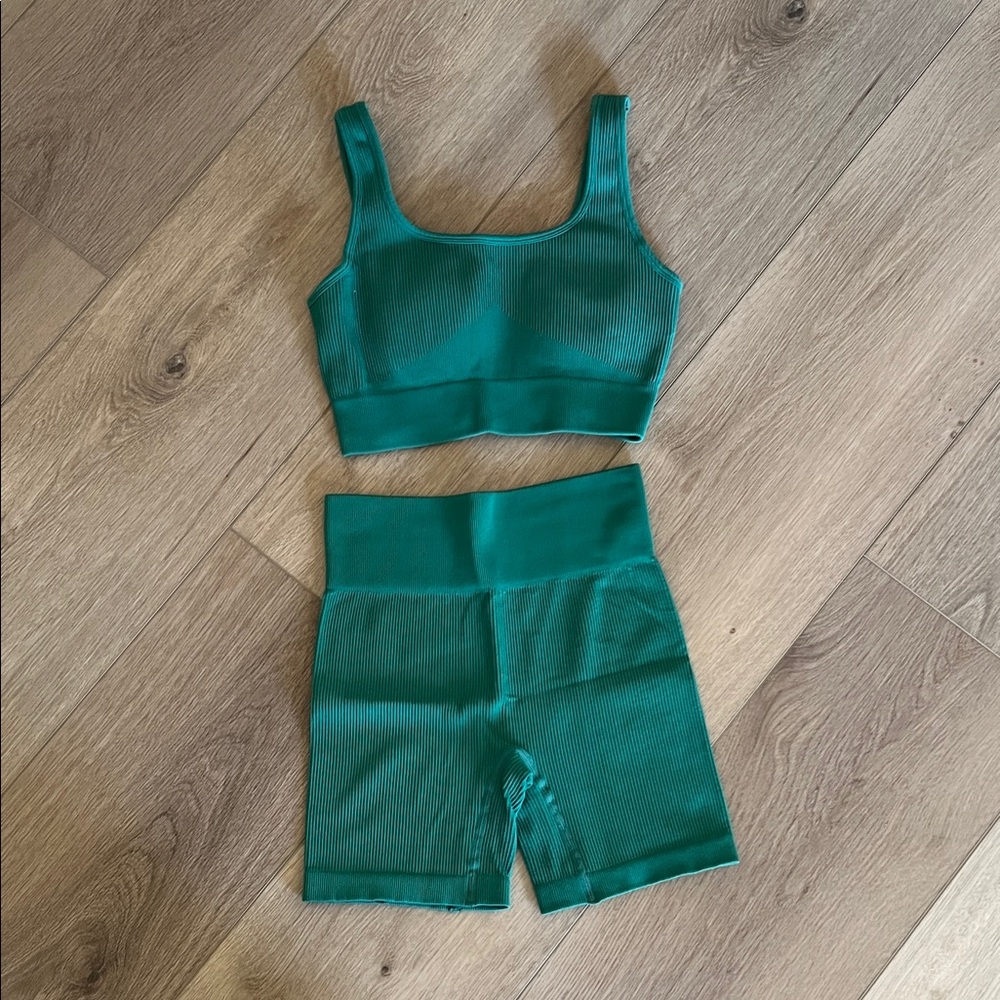 Green Ribbed Sports Bra and Shorts Set